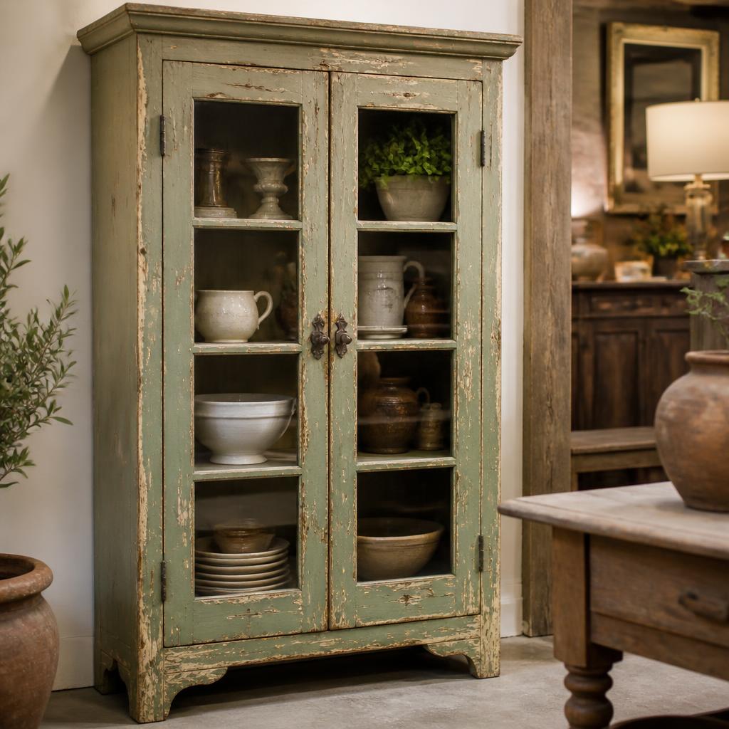 Distressed Sage Display Cabinet