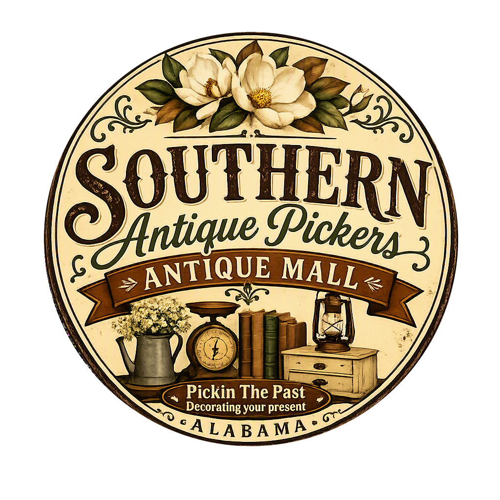 Southern Antique Pickers Antique Mall circular vintage logo with magnolias and antique imagery